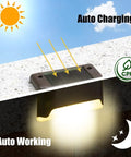Top Shelf Solar Deck Lights 16 Pack, Slick Brown Shell Step Lights With Bright Warm White Glow, Weatherproof Outdoor Pathway Runners For Decks, Patios, And Backyard Zones showing auto charging feature.