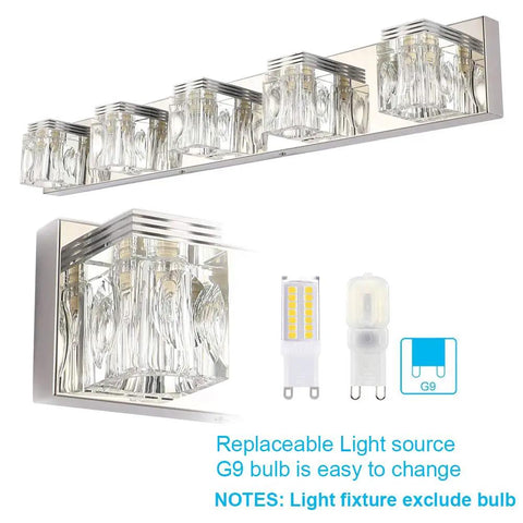 Five Light LED Modern Bathroom Vanity Fixture With Crystal Glass And Stainless Steel Over Mirror, G9 Bulbs Not Included