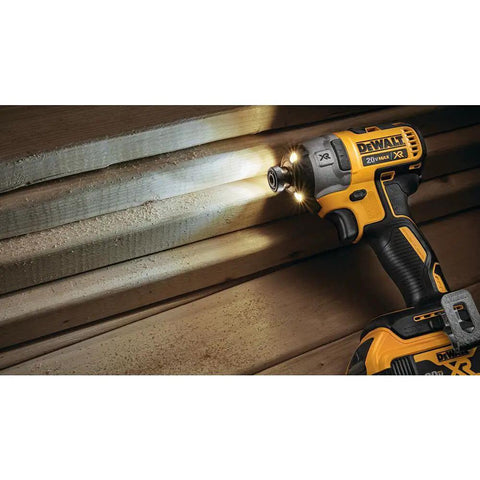 Impact Driver 20V Max XR Brushless Cordless with Three Speed Settings and Quarter Inch Chuck Tool Only shown in use on wood
