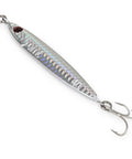 Heavyweight Forty Gram Vertical Casting Jig With Razor Sharp Treble Hooks And Streamlined Silver Shape, closely viewed from the side.