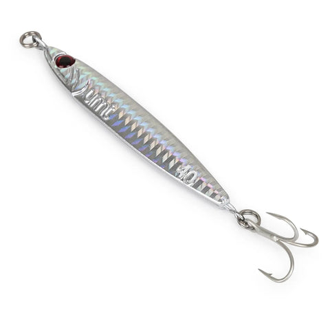 Heavyweight Forty Gram Vertical Casting Jig With Razor Sharp Treble Hooks And Streamlined Silver Shape, closely viewed from the side.