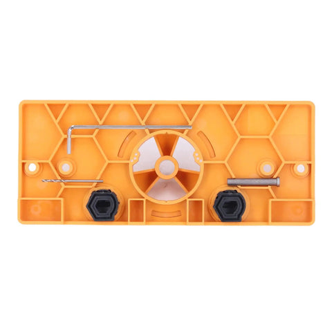 Heavy Duty Aramox Hinge Hole Saw Jig For Woodworking Pros, orange jig with tools for precise 35mm hinge cutting.