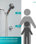 High Pressure Handheld Shower Head With Pause Switch 4 Spray Modes Rain Massage Mist Power Wash Filtration Showerhead installed at different heights for adults and children.