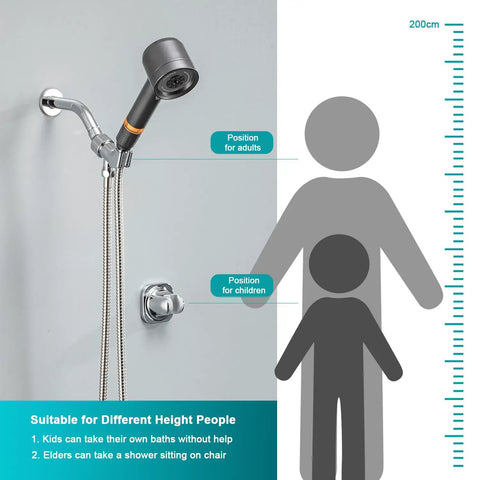 High Pressure Handheld Shower Head With Pause Switch 4 Spray Modes Rain Massage Mist Power Wash Filtration Showerhead installed at different heights for adults and children.