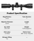 3-9x32 AO Rifle Scope With R4 Reticle And 20mm Mounts product specifications showcasing magnification and dimensions.