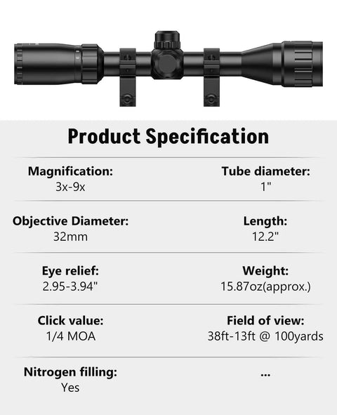 3-9x32 AO Rifle Scope With R4 Reticle And 20mm Mounts product specifications showcasing magnification and dimensions.