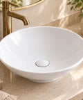 Close-up of Sinkology Sagan 16.5 Inch Round Vessel Bathroom Sink, Crisp White Vitreous China with drain and cap.