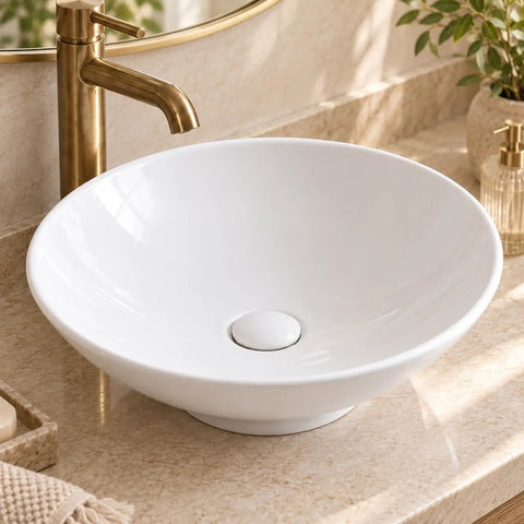 Close-up of Sinkology Sagan 16.5 Inch Round Vessel Bathroom Sink, Crisp White Vitreous China with drain and cap.