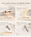 Close up of features including warm air dryer, heated seat, instant warm water, and self-cleaning nozzle on Elongated Electric Bidet Toilet Seat With Instant Tankless Warm Water Spray Auto Air Dryer And No Sweat Easy Install Top Shelf Bathroom Upgrade For Ultimate Daily Chill.