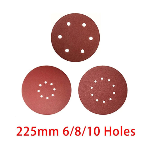 Grab These 9 Inch Sanding Discs With Six Holes For Serious Grit Power, Ranging From Rough 40 To Smooth 2000 Grit Levels On Wood Or Metal Surfaces Fast And Easy, showing three 225mm sanding discs.
