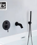 Matte Black Wall Mount Bathtub Faucet With Hand Shower, High Flow Waterfall Spout, Solid Brass Construction, 1/2 Inch NPT Standard Plumbing