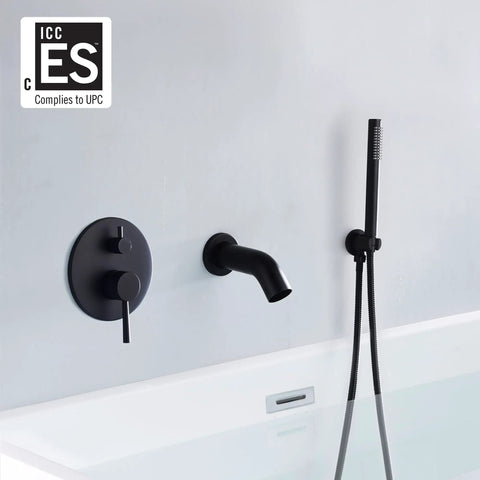 Matte Black Wall Mount Bathtub Faucet With Hand Shower, High Flow Waterfall Spout, Solid Brass Construction, 1/2 Inch NPT Standard Plumbing