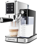 Semi Automatic Espresso Machine With Colorful Touchscreen And Sleek Stainless Steel Body Pulls Dope Barista Level Lattes Cappuccinos Plus Silky Milk Foam Effortlessly Right On Your Counter For Zero Sweat Morning Vibes showing brewed latte.
