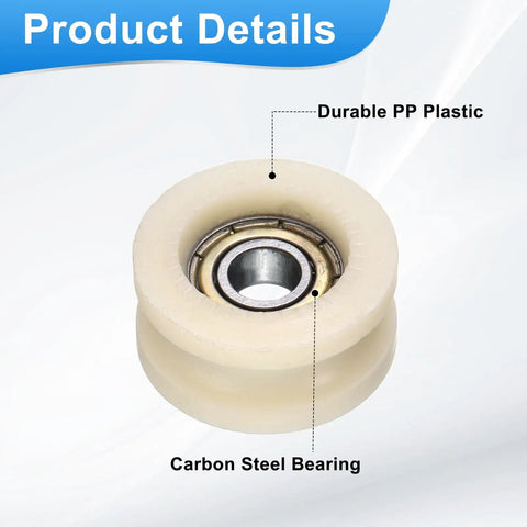 Straight Up Tough Eight Pack U Groove Plastic Guide Bearing Pulley Wheels Designed For Smooth Sliding Doors And Heavy Duty Conveyor Track Automation Hardware close-up of durable PP plastic wheel with carbon steel bearing