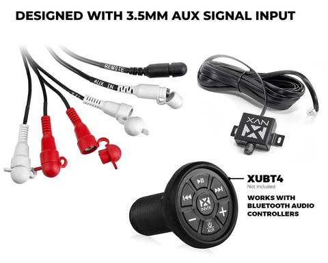 Beefy 600W RMS Two Channel Marine Amplifier accessories with 3.5mm AUX input cables and Bluetooth controller compatibility