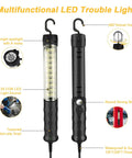 Bright As Day LED Trouble Light With 25 Foot Cord Magnetic Swivel Hook for car repair workshop, shown with 360° swivel hook and magnet.