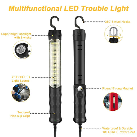 Bright As Day LED Trouble Light With 25 Foot Cord Magnetic Swivel Hook for car repair workshop, shown with 360° swivel hook and magnet.