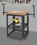 Built Tough Rolling Planer Stand With 550 Lb Capacity Height Adjustable Tool Cart with miter saw on shelf and wooden work surface.
