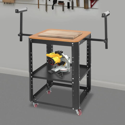 Built Tough Rolling Planer Stand With 550 Lb Capacity Height Adjustable Tool Cart with miter saw on shelf and wooden work surface.