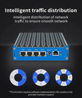 Dope Fanless Mini Pc With Intel J6412 Processor Quad Core Two Point Six Gigahertz showing four Ethernet ports for traffic distribution.