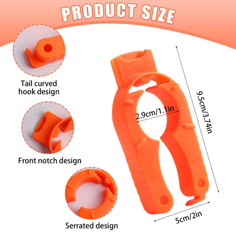 Six Pack Plastic Bottle Cap Opener Set 3 In 1 Gripper Tool For Arthritic Hands in vibrant orange with dimensions.