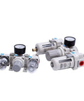 Three Unit Air Treatment System With Manual Drain Filter Pressure Regulator And Lubricator For Pneumatic Tools And Industrial Air Lines Inline Mount Kit For Your Shop AC2000 AC3000 AC4000 06D, showing full kit with gauges and mounts.
