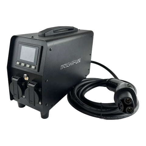 Plug And Play 3KW V2L Power Adapter Gun For Tesla Model 3 Y S X With Clear Lcd Display and heavy duty battery guard showing front view.