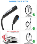 Image of Badass Nacs Ev Extension Cord's connector, showing compatibility with Tesla 48A Wall, Mobile, Destination Connectors.