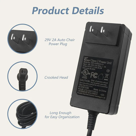 29V 2A Electric Recliner Power Supply Replacement Adapter For Okin Limoss Lift Chairs And Sofas Plug And Play Wide Compatibility With DeltaDrive And BetaDrive Motors Works With Lazboy Pride Golden Kaidi Flexsteel Ashley Berkline And More, black two-pin adapter