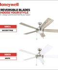 Ventnor 52 Inch Modern Farmhouse Ceiling Fan With LED Light Pull Chain Three Mounting Options Dual Finish Blades Reversible Motor Brushed Nickel Finish Dope Vibe For Living Rooms And Kitchens, showcasing dual finish reversible blades in ancient pine and white.