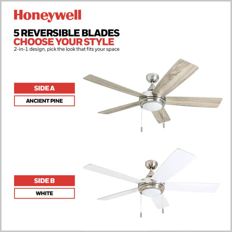 Ventnor 52 Inch Modern Farmhouse Ceiling Fan With LED Light Pull Chain Three Mounting Options Dual Finish Blades Reversible Motor Brushed Nickel Finish Dope Vibe For Living Rooms And Kitchens, showcasing dual finish reversible blades in ancient pine and white.
