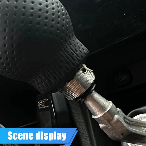 Close-up of Six Speed Leather Shift Knob for Cars shown installed on gear lever, featuring black PU leather grip and aluminum core.