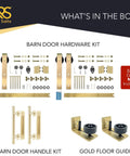 Light Gold Brushed Brass Smooth Sliding Barn Door Hardware Kit For Two Doors On A 13 Ft Adjustable Track with handles and guides.
