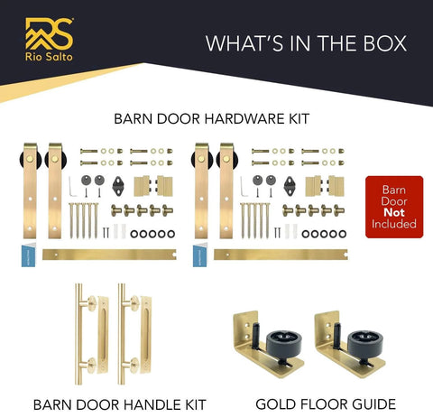 Light Gold Brushed Brass Smooth Sliding Barn Door Hardware Kit For Two Doors On A 13 Ft Adjustable Track with handles and guides.