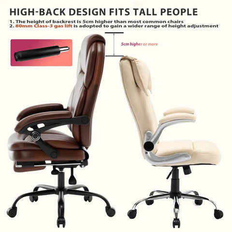 Big And Tall Heavy Duty Reclining Office Chair With Footrest 400 Lb Capacity Brown Leather Executive Desk Chair side view