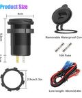 Heavy Duty 12V USB C Outlet Pushes Out Slick 65W PD3.0 And 18W Quick Charge 3.0 Waterproof Car Socket dimensions and wiring details.