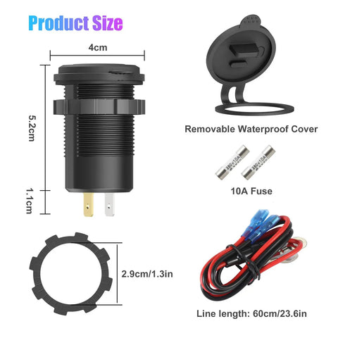 Heavy Duty 12V USB C Outlet Pushes Out Slick 65W PD3.0 And 18W Quick Charge 3.0 Waterproof Car Socket dimensions and wiring details.