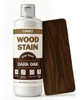 Top Tier Premium Dark Oak Water Base Wood Stain For Furniture Cabinets And Doors Fast Dry Quick Setting Low Odor Formula in a bottle next to stained wood sample.