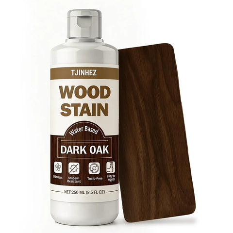 Top Tier Premium Dark Oak Water Base Wood Stain For Furniture Cabinets And Doors Fast Dry Quick Setting Low Odor Formula in a bottle next to stained wood sample.