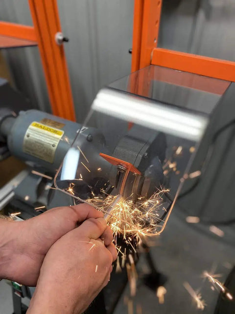 Bench Grinder Safety Shields For 6 To 8 Inch Wheels, Lexan Guards Pair showing sparks contained during grinding