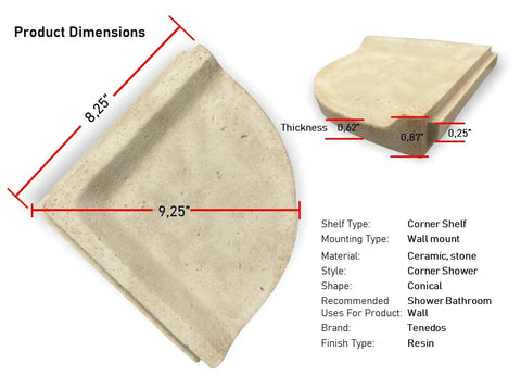 Top Notch Classic Cream Travertine Resin Corner Shelf For Tile Installations Only Not For Flat Surface Installation Ideal For Home And Commercial Projects With Natural Stone Look And Durable Resin Finish, shown with dimensions