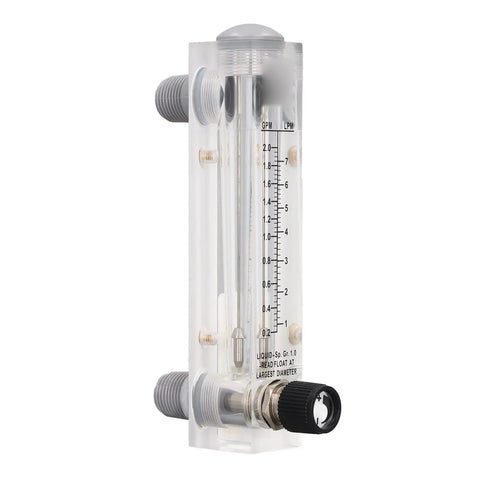 Clear Panel Mount Water Flow Meter for PVC Pipe with Adjustable Knob, One Half Inch Male Thread and One Quarter Inch Female Thread, 0.2 to 2.0 GPM Flow Control
