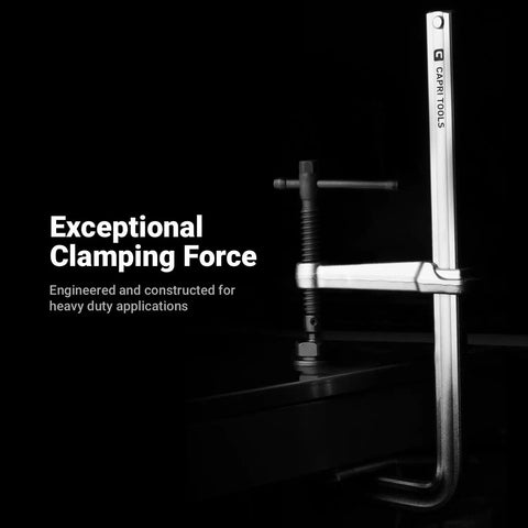 Beefy 20-Inch Heavy Duty All Steel F-Style Bar Clamp With 5-1/2 Inch Throat and 2645 Lb Clamping Force showing clamping action