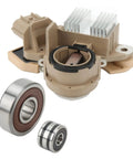 Heavy Duty Alternator Rebuild Kit With Aluminum Alloy Voltage Regulator And Replacement Brushes For Nissan Murano Quest Altima Maxima close-up of voltage regulator, brush pack, and bearings.