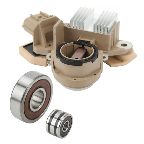 Heavy Duty Alternator Rebuild Kit With Aluminum Alloy Voltage Regulator And Replacement Brushes For Nissan Murano Quest Altima Maxima close-up of voltage regulator, brush pack, and bearings.