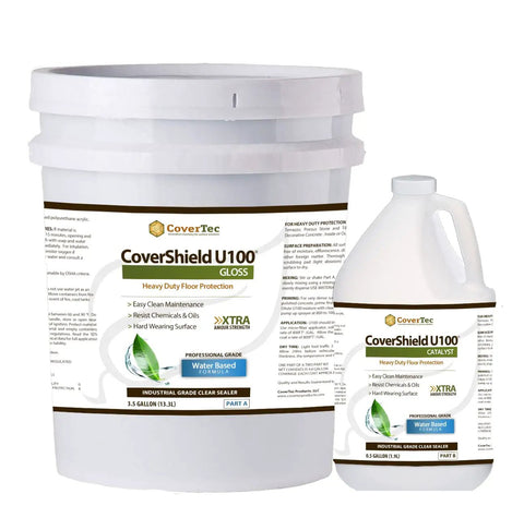 Legit Professional Grade Gloss Hard Surface Flooring Sealer Featuring Hella Tough Stain And Wear Resistant Protection Straight Up Two Part Application For A Smooth Showroom Finish And Easy Maintenance Four Gallon Size in packaging setup.
