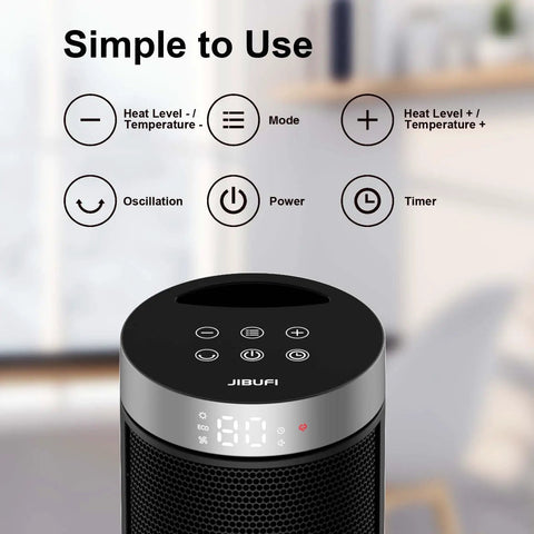Portable Ceramic Space Heater with Remote Control, 3 Heat Settings 700W 1000W 1500W, control panel close-up.