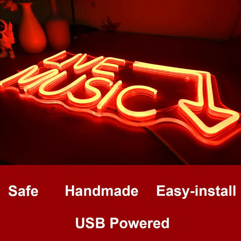 Live Music Neon LED Sign Handcrafted Wall Decor Light 17 By 11 Inches For Nightclubs Bars And Bedrooms Dope Vibe Ambience That Attracts Crowds And Sets The Scene Tonight, showing red acrylic construction with USB cable, on desk view.