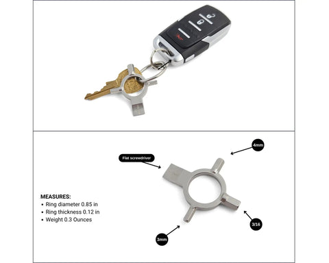 Compact Photography Keychain Multi Tool With 3mm 4mm And 3 Sixteenth Inch Allen Wrenches Plus Flat Head Screwdriver shown on keyring