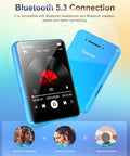 Blue 64GB 2.4 Inch Full Touch MP3 Player With Bluetooth 5.3 showing screen and buttons.